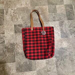 Red and Black Checkered Tote with Tan Handles